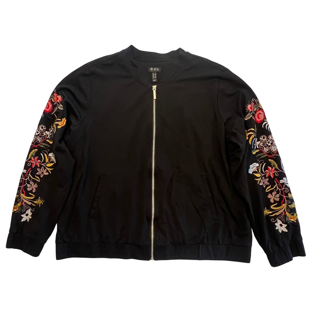 Du Jour Black Bomber Jacket with Floral Embroidered Sleeves